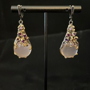 Silver and rose quarts earrings, citrine and gold accents large dangle.